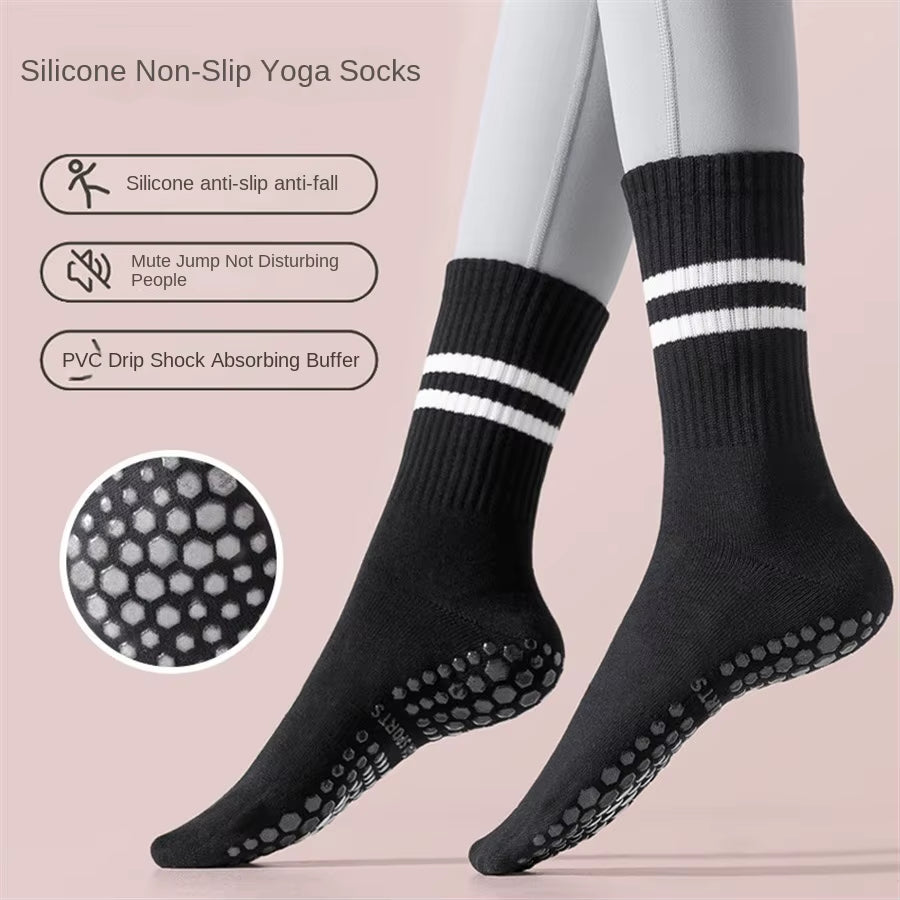 1 Pair of Women'S Yoga Socks, Skipping Rope Sports Socks, Pilates Indoor anti Slip Floor Socks, Double Bar Mid Leg Socks